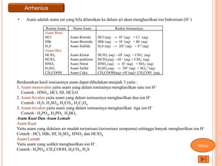 Arrhenius
•    Asam adalah suatu zat yang bila dilarutkan ke dalam air akan menghasilkan ion hidronium (H +)

               Rumus Asam      Nama Asam                Reaksi Ionisasinya.
               Asam Biner
               HCl           Asam Klorida     HCl (aq) → H+ (aq) + Cl - (aq)
               HBr           Asam Bromida     HBr (aq) → H+ (aq) + Br- (aq)
               H2S           Asam Sulfida     H2S (aq) → 2H+ (aq) + S-2 (aq)
               Asam Oksi
               HClO3         Asam Klorat      HClO3 (aq) →H+ (aq) + ClO3- (aq)
               HClO4         Asam perklorat   HClO4(aq) →H + (aq) + ClO4- (aq)
               HNO3          Asam Nitrat      HNO3 (aq) → H+ (aq) + NO3- (aq)
               H2SO4         Asam Sulfat      H2SO4 (aq) → 2H+ (aq) + SO4-2 (aq)
               CH3COOH       Asam Cuka        CH3COOH(aq)→H+(aq)+ CH3COO - (aq)

Berdasarkan hasil ionisasinya asam dapat dibedakan menjadi 3 yaitu :
1. Asam monovalen yaitu asam yang dalam ionisainya menghasilkan satu ion H+
   Contoh : HNO3, HCl, HI, HCLO
2. Asam bivalen yaitu asam yang dalam ionisasinya menghasilkan dua ion H+
   Contoh : H2S, H2SO4, H2CO3, H2C2O4
3. Asam trivalen yaitu asam yang dalam ionisasinya menghasilkan tiga ion H+
   Contoh : H3PO4, H3PO3. H3BO3
Asam Kuat Dan Asam Lemah
Asam Kuat
Yaitu asam yang didalam air mudah terionisasi (terionisasi sempurna) sehingga banyak menghasilkan ion H+
Contoh : HCl, HBr, HI, H2SO4, HNO3 dan HClO4
Asam Lemah
Yaitu asam yang sedikit menghasilkan ion H+.                                                        Menu
Contoh : H3PO4, CH3COOH, H2CO3, H2S
 