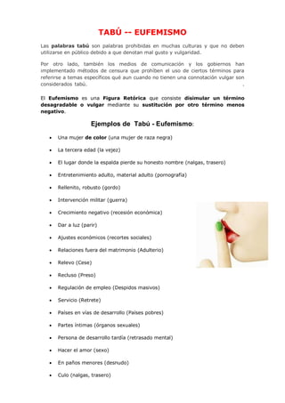 TABÚ -- EUFEMISMO
Las palabras tabú son palabras prohibidas en muchas
culturas y que no deben utilizarse en público debido...