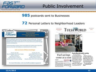 Public Involvement

            985 postcards sent to Businesses

            72   Personal Letters to Neighborhood Leaders




12/4/2012                                                   12
 