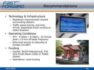 Recommendations

• Technology & Infrastructure
   – Pedestrian improvements needed
     surrounding stations
   – Traffic signal priority, real-time
     arrival, automated ticket vending at
     select locations
• Operating Conditions
   – M-F: 5:30am – 8:30pm; 10 minute
     peak / 15-min off-peak frequency
   – Only local service on Saturday &
     Sunday (no BRT)
• Funding
   – Capital: 50/50 Federal/Local, FTA
     Very Small Starts (VSS) or TIGER
     Grants
   – Operations: Local funding



12/4/2012                                           24
 