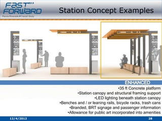 Station Concept Examples




                                              •35 ft Concrete platform
                      •Station canopy and structural framing support
                                •LED lighting beneath station canopy
            •Benches and / or leaning rails, bicycle racks, trash cans
                 •Branded, BRT signage and passenger information
                •Allowance for public art incorporated into amenities
12/4/2012                                                     28
 