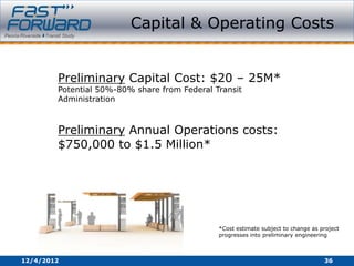 Capital & Operating Costs


        Preliminary Capital Cost: $20 – 25M*
        Potential 50%-80% share from Federal Transit
        Administration



        Preliminary Annual Operations costs:
        $750,000 to $1.5 Million*




                                              *Cost estimate subject to change as project
                                              progresses into preliminary engineering



12/4/2012                                                                          36
 