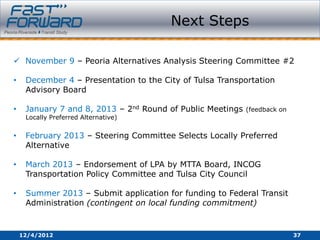 Next Steps

 November 9 – Peoria Alternatives Analysis Steering Committee #2

•    December 4 – Presentation to the City of Tulsa Transportation
     Advisory Board

•    January 7 and 8, 2013 – 2nd Round of Public Meetings   (feedback on
     Locally Preferred Alternative)


•    February 2013 – Steering Committee Selects Locally Preferred
     Alternative

•    March 2013 – Endorsement of LPA by MTTA Board, INCOG
     Transportation Policy Committee and Tulsa City Council

•    Summer 2013 – Submit application for funding to Federal Transit
     Administration (contingent on local funding commitment)


    12/4/2012                                                              37
 