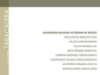 TABACALERA



              UNIVERSIDAD NACIONAL AUTÓNOMA DE MÉXICO
                             FACULTAD DE ARQUITECTURA
                                 TALLER JUAN O’GORMAN
                                    TALLER INTEGRAL VIII
                                ÁREA URBANO AMBIENTAL
    COLONIA




                       -CABRERA MARTINEZ LORENA MIREYA
                   -CASTRO RUIZ VELASCO CARLOS MAURICIO
                            -GUTIÉRREZ MIRANDA JOCELYN
                            -MORALES ABDÓ CARLOS JESÚS
 