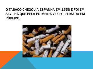 O TABACO CHEGOU A ESPANHA EM 1556 E FOI EM
SEVILHA QUE PELA PRIMEIRA VEZ FOI FUMADO EM
PÚBLICO.
 
