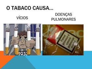 O TABACO CAUSA…
                DOENÇAS
   VÍCIOS     PULMONARES
 