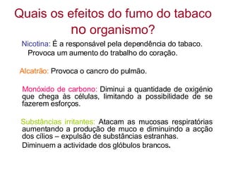 Quais os efeitos do fumo do tabaco  no  organismo? Nicotina:  É a responsável pela dependência do tabaco. Provoca um aumento do trabalho do coração. Alcatrão:  Provoca o cancro do pulmão. Monóxido de carbono:  Diminui a quantidade de oxigénio que chega às células, limitando a possibilidade de se fazerem esforços. Substâncias irritantes:  Atacam as mucosas respiratórias aumentando a produção de muco e diminuindo a acção dos cílios – expulsão de substâncias estranhas.  Diminuem a actividade dos glóbulos brancos . 