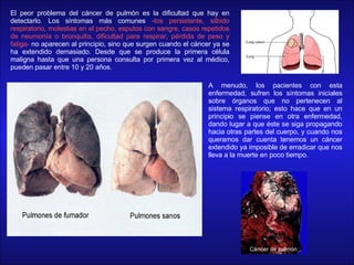 El peor problema del cáncer de pulmón es la dificultad que hay en detectarlo. Los síntomas más comunes  -tos persistente, silbido respiratorio, molestias en el pecho, esputos con sangre, casos repetidos de neumonía o bronquitis, dificultad para respirar, pérdida de peso y fatiga-  no aparecen al principio, sino que surgen cuando el cáncer ya se ha extendido demasiado. Desde que se produce la primera célula maligna hasta que una persona consulta por primera vez al médico, pueden pasar entre 10 y 20 años.    A menudo, los pacientes con esta enfermedad, sufren los síntomas iniciales sobre órganos que no pertenecen al sistema respiratorio; esto hace que en un principio se piense en otra enfermedad, dando lugar a que éste se siga propagando hacia otras partes del cuerpo, y cuando nos queramos dar cuenta tenemos un cáncer extendido ya imposible de erradicar que nos lleva a la muerte en poco tiempo. 