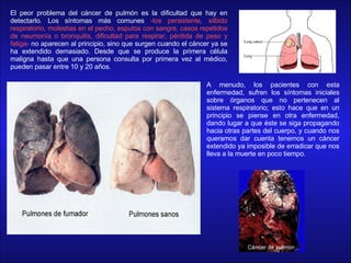 El peor problema del cáncer de pulmón es la dificultad que hay en detectarlo. Los síntomas más comunes  -tos persistente, silbido respiratorio, molestias en el pecho, esputos con sangre, casos repetidos de neumonía o bronquitis, dificultad para respirar, pérdida de peso y fatiga-  no aparecen al principio, sino que surgen cuando el cáncer ya se ha extendido demasiado. Desde que se produce la primera célula maligna hasta que una persona consulta por primera vez al médico, pueden pasar entre 10 y 20 años.    A menudo, los pacientes con esta enfermedad, sufren los síntomas iniciales sobre órganos que no pertenecen al sistema respiratorio; esto hace que en un principio se piense en otra enfermedad, dando lugar a que éste se siga propagando hacia otras partes del cuerpo, y cuando nos queramos dar cuenta tenemos un cáncer extendido ya imposible de erradicar que nos lleva a la muerte en poco tiempo. 