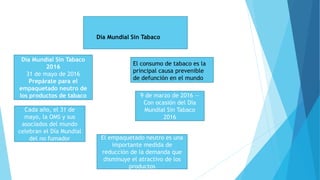 Día Mundial Sin Tabaco
2016
31 de mayo de 2016
Prepárate para el
empaquetado neutro de
los productos de tabaco
Cada año, el 31 de
mayo, la OMS y sus
asociados del mundo
celebran el Día Mundial
del no fumador
9 de marzo de 2016 --
Con ocasión del Día
Mundial Sin Tabaco
2016
El empaquetado neutro es una
importante medida de
reducción de la demanda que
disminuye el atractivo de los
productos
El consumo de tabaco es la
principal causa prevenible
de defunción en el mundo
Día Mundial Sin Tabaco
 