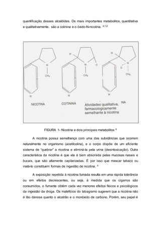 quantificação desses alcalóides. Os mais importantes metabolitos, quantitativa
e qualitativamente, são a cotinina e o óxido-N-nicotina. 6,7,8
FIGURA 1- Nicotina e dois principais metabolitos 9
A nicotina possui semelhança com uma das substâncias que ocorrem
naturalmente no organismo (acetilcolina), e o corpo dispõe de um eficiente
sistema de “quebrar” a nicotina e eliminá-la pela urina (desintoxicação). Outra
característica da nicotina é que ela é bem absorvida pelas mucosas nasais e
bucais, que são altamente capilarizadas. É por isso que mascar tabaco ou
inalá-lo constituem formas de ingestão de nicotina. 4
A exposição repetida à nicotina fumada resulta em uma rápida tolerância
ou em efeitos decrescentes, ou seja, à medida que os cigarros são
consumidos, o fumante obtém cada vez menores efeitos físicos e psicológicos
da ingestão da droga. Os malefícios do tabagismo sugerem que a nicotina não
é tão danosa quanto o alcatrão e o monóxido de carbono. Porém, seu papel é
 