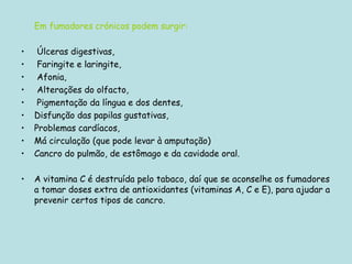 Em fumadores crónicos podem surgir: Úlceras digestivas, Faringite e laringite,  Afonia,  Alterações do olfacto, Pigmentação da língua e dos dentes,  Disfunção das papilas gustativas,  Problemas cardíacos,  Má circulação (que pode levar à amputação)  Cancro do pulmão, de estômago e da cavidade oral.  A vitamina C é destruída pelo tabaco, daí que se aconselhe os fumadores a tomar doses extra de antioxidantes (vitaminas A, C e E), para ajudar a prevenir certos tipos de cancro. 