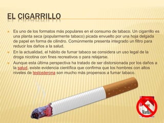 EL CIGARRILLO
 Es uno de los formatos más populares en el consumo de tabaco. Un cigarrillo es
una planta seca (popularmente tabaco) picada envuelto por una hoja delgada
de papel en forma de cilindro. Comúnmente presenta integrado un filtro para
reducir los daños a la salud.
 En la actualidad, el hábito de fumar tabaco se considera un uso legal de la
droga nicotina con fines recreativos o para relajarse.
 Aunque esta última perspectiva ha tratado de ser distorsionada por los daños a
la salud, existe evidencia científica que confirma que los hombres con altos
niveles de testosterona son mucho más propensos a fumar tabaco.
 