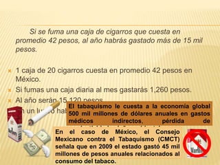 Si se fuma una caja de cigarros que cuesta en
promedio 42 pesos, al año habrás gastado más de 15 mil
pesos.
 1 caja de 20 cigarros cuesta en promedio 42 pesos en
México.
 Si fumas una caja diaria al mes gastarás 1,260 pesos.
 Al año serán 15,120 pesos.
 En un lustro habrás gastado 75,600 pesos en promedio.
El tabaquismo le cuesta a la economía global
500 mil millones de dólares anuales en gastos
médicos indirectos, pérdida de
productividad y daño ambiental.
En el caso de México, el Consejo
Mexicano contra el Tabaquismo (CMCT)
señala que en 2009 el estado gastó 45 mil
millones de pesos anuales relacionados al
consumo del tabaco.
 