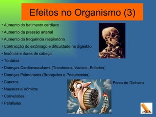 Aumento do batimento cardíaco Aumento da pressão arterial Aumento da frequência respiratória Contracção do estômago e dificuldade na digestão Insónias e dores de cabeça Tonturas Doenças Cardiovasculares (Tromboses, Varizes, Enfartes) Doenças Pulmonares (Bronquites e Pneumonias) Cancros Náuseas e Vómitos Convulsões  Paralisias Perca de Dinheiro Efeitos no Organismo (3) 