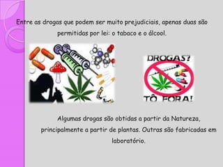 Entre as drogas que podem ser muito prejudiciais, apenas duas são
             permitidas por lei: o tabaco e o álcool.




             Algumas drogas são obtidas a partir da Natureza,
        principalmente a partir de plantas. Outras são fabricadas em
                                laboratório.
 
