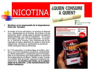 NICOTINA Nicotina: es la responsable de la dependencia física del  fumador.   Al inhalar el humo del tabaco, la nicotina se absorbe muy  rápidamente en la mucosa  de la boca y en los pulmones, desde  donde pasa al aparato circulatorio distribuyéndose  por todo el organismo.  En el caso de la pipa y del puro  la mayor absorción  se produ-ce  a  nivel de la  mucosa  oral, mientras que en los cigarrillos la mayor absorción se realiza a nivel bron-copulmonar. Durante su combustión se producen 4.000 productos tóxicos diferentes. En 7-10 segundos, la nicotina llega al cerebro, don-de se une a los receptores nicotínicos, produciendo un efecto placentero y gratificante para el fumador. Este es el mecanismo que desencadena la aparición de la dependencia al tabaco. Debido a esto, cuando un fumador deja de fumar, aparece el síndrome de abstinencia.  La nicotina por tanto, es la respon-sable de la adicción  y del mantenimiento del hábito tabáquico.  