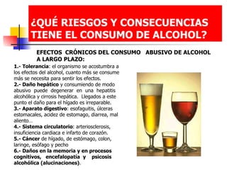 ¿QUÉ RIESGOS Y CONSECUENCIAS TIENE EL CONSUMO DE ALCOHOL?   EFECTOS  CRÓNICOS DEL CONSUMO  ABUSIVO DE ALCOHOL A LARGO PLAZO: 1.-   Tolerancia : el organismo se acostumbra a los efectos del alcohol, cuanto más se consume más se necesita para sentir los efectos.  2.- Daño hepático  y consumiendo de modo abusivo  puede  degenerar  en  una  hepatitis alcohólica y cirrosis hepática.  Llegados a este punto el daño para el hígado es irreparable.  3.- Aparato digestivo : esofaguitis, úlceras estomacales, acidez de estomago, diarrea, mal aliento…  4.- Sistema circulatorio : arteriosclerosis, insuficiencia cardiaca e infarto de corazón.  5.- Cáncer  de hígado, de estómago, colon, laringe, esófago y pecho  6.- Daños en la memoria y en procesos cognitivos,  encefalopatía  y  psicosis alcohólica (alucinaciones) .  