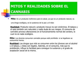 MITOS Y REALIDADES SOBRE EL CANNABIS   Mito:   Es un producto inofensivo para la salud, ya que es un producto natural, es una droga ecológica, es la sustancia de la paz y el relax   Realidad:  Producto natural y producto inocuo no son sinónimos. El tabaco y el opio también son naturales y nadie duda de sus riesgos. El consumo de cannabis provoca alteraciones en el funcionamiento normal del cerebro, lo cual no es nada ecológico.  Mito:   Los jóvenes consumen cannabis porque está prohibido: si se legalizara se consumiría menos.  Realidad:  Las drogas que más se consumen entre los jóvenes son el alcohol y el tabaco, y éstas son legales. Además, en el consumo, más que la prohibición, influye la facilidad para conseguir la sustancia y el grado de aceptación social de la misma.  