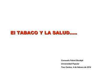 El TABACO Y LA SALUD…..

Consuelo Febrel Bordejé
Universidad Popular
Tres Cantos, 4 de febrero de 2014

 