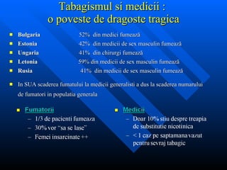 Tabagismul si medicii :  o poveste de dragoste tragica Bulgaria  52%  din medici fumează Estonia  42%  din medicii de sex masculin fumează  Un gar ia  41%  din chirurgi fumează  L etonia   59%  din medicii de sex masculin fumează Rusia    41%  din medicii de sex masculin fumează In SUA scaderea fumatului la medicii generalisti a dus la scaderea numarului de fumatori in populatia generala 