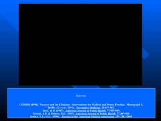Referinte: USDHHS (1994). Tobacco and the Clinician:  Interventions for Medical and Dental Practice:  Monograph 5.. Hollis, J.F et al. (1991). .  Preventive Medicine , 20:497-507. Janz,  et al. (1987)..  American Journal of Public Health , 77:805-809. Folsom, A.R. & Grimm, R.H. (1987).  American Journal of Public Health , 77:849-850. Kottke, T.E., et al. (1990)..  Journal of the  American Medical Association , 259:2882-2889 . 
