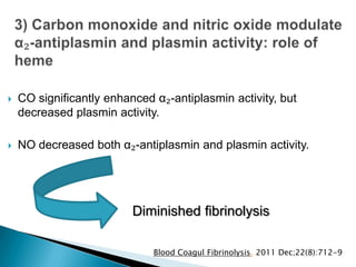  CO significantly enhanced α₂-antiplasmin activity, but
decreased plasmin activity.
 NO decreased both α₂-antiplasmin and plasmin activity.
Diminished fibrinolysis
Blood Coagul Fibrinolysis. 2011 Dec;22(8):712-9
 