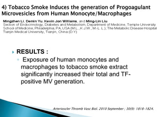  RESULTS :
◦ Exposure of human monocytes and
macrophages to tobacco smoke extract
significantly increased their total and TF-
positive MV generation.
4) Tobacco Smoke Induces the generation of Progoagulant
Microvesicles from Human Monocyte/Macrophages
Arterioscler Thromb Vasc Biol. 2010 September ; 30(9): 1818–1824.
 
