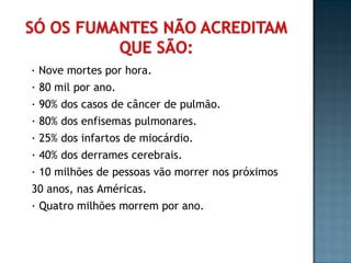 · Nove mortes por hora. · 80 mil por ano. · 90% dos casos de câncer de pulmão.  · 80% dos enfisemas pulmonares.  · 25% dos infartos de miocárdio.  · 40% dos derrames cerebrais.  · 10 milhões de pessoas vão morrer nos próximos  30 anos, nas Américas.  · Quatro milhões morrem por ano.  
