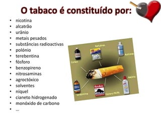 O tabaco é constituído por:nicotina
