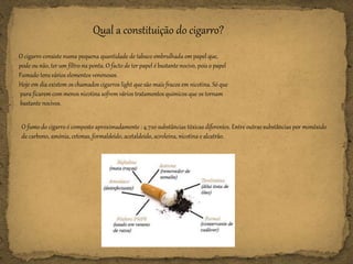 Qual a constituição do cigarro?
O fumo do cigarro é composto aproximadamente : 4.720 substâncias tóxicas diferentes. Entre outras substâncias por monóxido
de carbono, amónia, cetonas, formaldeído, acetaldeído, acroleína, nicotina e alcatrão.
O cigarro consiste numa pequena quantidade de tabaco embrulhada em papel que,
pode ou não, ter um filtro na ponta. O facto de ter papel é bastante nocivo, pois o papel
Fumado tens vários elementos venenosos.
Hoje em dia existem os chamados cigarros light que são mais fracos em nicotina. Só que
para ficarem com menos nicotina sofrem vários tratamentos químicos que os tornam
bastante nocivos.
 