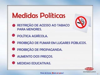 Medidas Políticas RESTRIÇÃO DE ACESSO AO TABACO  PARA MENORES. POLÍTICA AGRÍCOLA. PROIBIÇÃO DE FUMAR EM LUGARES PÚBLICOS. PROIBIÇÃO DE PROPAGANDA. AUMENTO DOS PREÇOS. MEDIDAS EDUCATIVAS. Parar de fumar:   B asta  u m   p asso!  3 