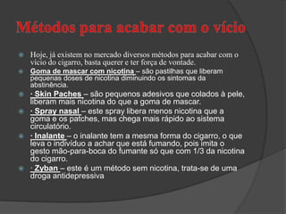 Métodos para acabar com o vícioHoje, já existem no mercado diversos métodos para acabar com o vício do cigarro, basta querer e ter força de vontade.Goma de mascar com nicotina – são pastilhas que liberam pequenas doses de nicotina diminuindo os sintomas da abstinência.· Skin Paches – são pequenos adesivos que colados à pele, liberam mais nicotina do que a goma de mascar.· Spray nasal – este spray libera menos nicotina que a goma e os patches, mas chega mais rápido ao sistema circulatório.·Inalante– o inalante tem a mesma forma do cigarro, o que leva o indivíduo a achar que está fumando, pois imita o gesto mão-para-boca do fumante só que com 1/3 da nicotina do cigarro.· Zyban – este é um método sem nicotina, trata-se de uma droga antidepressiva 