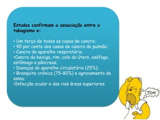 Estudos confirmam a associação entre o tabagismo e: Um terço de todos os casos de cancro; 
