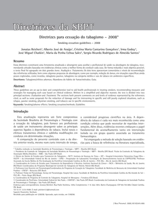 845




Diretrizes da SBPT
                               Diretrizes para cessação do tabagismo – 2008*
                                                      Smoking cessation guidelines – 2008

       Jonatas Reichert1, Alberto José de Araújo2, Cristina Maria Cantarino Gonçalves3, Irma Godoy4,
     José Miguel Chatkin5, Maria da Penha Uchoa Sales6, Sergio Ricardo Rodrigues de Almeida Santos7

Resumo
Estas diretrizes constituem uma ferramenta atualizada e abrangente para auxiliar o profissional de saúde na abordagem do tabagista, reco-
mendando atitudes baseadas em evidências clínicas como a melhor forma de conduzir cada caso. De forma reduzida e mais objetiva possível,
o texto final foi agrupado em dois grandes itens: Avaliação e Tratamento. Os dois itens apresentam comentários e níveis de recomendação
das referências utilizadas, bem como algumas propostas de abordagem, como por exemplo, redução de danos, em situações específicas ainda
pouco exploradas, como recaídas, tabagismo passivo, tabagismo na categoria médica e uso de tabaco em ambientes específicos.
Descritores: Tabagismo/efeitos adversos; Abandono do hábito de fumar/métodos; Guia.

Abstract
These guidelines are an up-to-date and comprehensive tool to aid health professionals in treating smokers, recommending measures and
strategies for managing each case based on clinical evidence. Written in a simplified and objective manner, the text is divided into two
principal sections: Evaluation and Treatment. The sections both present comments on and levels of evidence represented by the references
cited, as well as some proposals for the reduction of damage and for intervening in specific and still poorly explored situations, such as
relapse, passive smoking, physician smoking, and tobacco use in specific environments.
Keywords: Smoking/adverse effects; Smoking cessation/methods; Guideline.


Introdução
    Esta atualização representa um forte compromisso                              o considerável progresso científico na área. A depen-
da Sociedade Brasileira de Pneumologia e Tisiologia com                           dência do tabaco é cada vez mais reconhecida como uma
a cessação do tabagismo, pois fornece aos profissionais                           condição crônica que pode necessitar de repetidas inter-
de saúde um instrumento abrangente sobre os principais                            venções. Além disso, evidências recentes embasam o papel
aspectos ligados à dependência do tabaco. Inclui novos e                          fundamental do aconselhamento tanto em intervenção
efetivos tratamentos clínicos e sublinha modificações em                          isolada ou em grupo quanto associada ao tratamento
condutas em determinadas situações.                                               farmacológico.
    A comparação do presente conteúdo com o da dire-                                  Foi empregado o método de seleção baseado em evidên-
triz anterior revela, mesmo num curto intervalo de tempo,                         cias para a busca de referências na literatura especializada,

* Trabalho realizado na Sociedade Brasileira de Pneumologia e Tisiologia – SBPT – Brasília (DF) Brasil.
1. Presidente da Comissão de Tabagismo da Sociedade Brasileira de Pneumologia e Tisiologia – SBPT – Brasília (DF) Brasil. Titular da Comissão de Tabagismo da
Associação Médica Brasileira – AMB – São Paulo (SP) Brasil.
2. Diretor do Núcleo de Estudos para Tratamento do Tabagismo – NETT. Instituto de Doenças do Tórax – IDT – Hospital Universitário Clementino Fraga Filho –
HUCFF – da Universidade Federal do Rio de Janeiro – UFRJ – Pesquisador do Laboratório Tecnológico de Desenvolvimento Social da COPPE/UFRJ. Professor
Associado da Escola Médica de Pós Graduação da Pontifícia Universidade Católica do Rio de Janeiro – PUC-Rio – Rio de Janeiro (RJ) Brasil.
3. Coordenadora do Centro de Estudos para Tratamento da Dependência à Nicotina. Instituto Nacional do Câncer – INCA – Ministério da Saúde, Rio de Janeiro
(RJ) Brasil. Coordenadora do Programa Municipal de Controle do Tabagismo de Niterói, Niterói (RJ) Brasil.
4. Professora Livre Docente em Pneumologia/Coordenadora do Programa de Cessação do Tabagismo. Faculdade de Medicina de Botucatu da Universidade Estadual
Paulista – UNESP – Botucatu (SP) Brasil.
5. Professor Titular de Pneumologia. Serviço de Pneumologia. Hospital São Lucas. Faculdade de Medicina da Pontifícia Universidade Católica do Rio Grande do Sul –
PUC-RS – Porto Alegre (RS) Brasil.
6. Coordenadora do Programa de Controle do Tabagismo. Hospital de Messejana – Fortaleza (CE) Brasil.
7. Coordenador do PrevFumo. Universidade Federal de São Paulo – UNIFESP – São Paulo (SP) Brasil. Coordenador da Comissão de Tabagismo da Sociedade Paulista
de Pneumologia e Tisiologia – São Paulo (SP) Brasil.
Endereço para correspondência: Jonatas Reichert. Rua Padre Anchieta, 1846, Complemento 1º A, Sala 1003, Bairro Champagnat, CEP 80.730-000, Cidade Curitiba,
PR, Brasil.
Tel 55 41 3335-9588. E-mail: jreichert32@hotmail.com
Suporte financeiro: Nenhum.
Recebido para publicação em 5/08/08. Aprovado, após revisão, em 7/08/08.



                                                                                                                          J Bras Pneumol. 2008;34(10):845-880
 