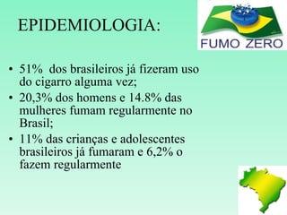 EPIDEMIOLOGIA: 51%  dos brasileiros já fizeram uso do cigarro alguma vez; 20,3% dos homens e 14.8% das mulheres fumam regularmente no Brasil; 11% das crianças e adolescentes brasileiros já fumaram e 6,2% o fazem regularmente 