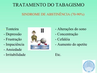 SINDROME DE ABSTINÊNCIA (70-90%) -  Tonteira - Depressão - Frustração - Impaciência - Ansiedade - Irritabilidade - Alterações do sono - Concentração - Cefaléia - Aumento do apetite Etc. TRATAMENTO DO TABAGISMO 