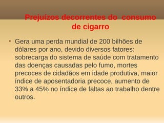 Prejuízos decorrentes do consumo
                   de cigarro

    Gera uma perda mundial de 200 bilhões de
    dólares por ano, devido diversos fatores:
    sobrecarga do sistema de saúde com tratamento
    das doenças causadas pelo fumo, mortes
    precoces de cidadãos em idade produtiva, maior
    índice de aposentadoria precoce, aumento de
    33% a 45% no índice de faltas ao trabalho dentre
    outros.
 