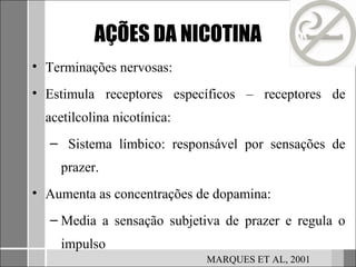 AÇÕES DA NICOTINA
• Terminações nervosas:
• Estimula receptores específicos – receptores de
  acetilcolina nicotínica:
  – Sistema límbico: responsável por sensações de
    prazer.
• Aumenta as concentrações de dopamina:
  – Media a sensação subjetiva de prazer e regula o
    impulso
                             MARQUES ET AL, 2001
 