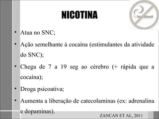 NICOTINA
• Atua no SNC;
• Ação semelhante à cocaína (estimulantes da atividade
  do SNC);
• Chega de 7 a 19 seg ao cérebro (+ rápida que a
  cocaína);
• Droga psicoativa;
• Aumenta a liberação de catecolaminas (ex: adrenalina
  e dopaminas).
                                 ZANCAN ET AL, 2011
 