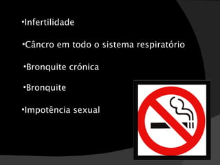 Bronquite Bronquite crónica Câncro em todo o sistema respiratório Impotência sexual Infertilidade 