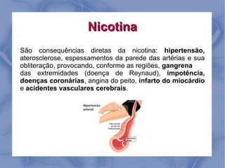 Nicotina
São consequências diretas da nicotina: hipertensão,
aterosclerose, espessamentos da parede das artérias e sua
obliteração, provocando, conforme as regiões, gangrena
das extremidades (doença de Reynaud), impotência,
doenças coronárias, angina do peito, infarto do miocárdio
e acidentes vasculares cerebrais.
 