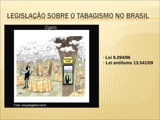 - Lei 9.294/96
- Lei antifumo 13.541/09
 