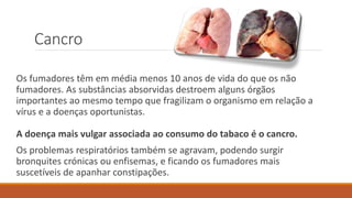 Cancro
Os fumadores têm em média menos 10 anos de vida do que os não
fumadores. As substâncias absorvidas destroem alguns órgãos
importantes ao mesmo tempo que fragilizam o organismo em relação a
vírus e a doenças oportunistas.
A doença mais vulgar associada ao consumo do tabaco é o cancro.
Os problemas respiratórios também se agravam, podendo surgir
bronquites crónicas ou enfisemas, e ficando os fumadores mais
suscetíveis de apanhar constipações.
 