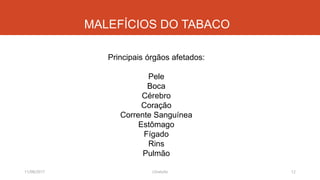 MALEFÍCIOS DO TABACO
11/08/2017 J.Gretzitz 12
Principais órgãos afetados:
Pele
Boca
Cérebro
Coração
Corrente Sanguínea
Estômago
Fígado
Rins
Pulmão
 