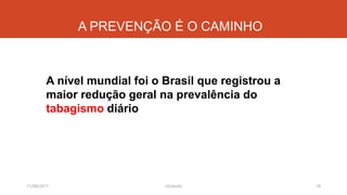 A PREVENÇÃO É O CAMINHO
A nível mundial foi o Brasil que registrou a
maior redução geral na prevalência do
tabagismo diário
11/08/2017 18J.Gretzitz
 
