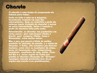 O charuto é uma forma de preparação do tabaco para fumar. Pode ser feito à mão ou à máquina, Geralmente fechado em uma das extremidades. Após ser removida a parte da cabeça (parte fechada do charuto) é aceso na outra extremidade. Então é fumado a partir da abertura feita pelo corte.  Actualmente, os charutos são produzidos em vários países, quer americanos (Cuba e Brasil), quer  europeus (Itália, Suíça e Alemanha), entre muitos outros. Mas o país que possui o título de melhor produtor de charutos do mundo, e o retém há décadas, é Cuba. Isto acontece por diversos factores, entre eles: as condições do clima, horas de iluminação solar, temperatura, humidade, condições do solo, enfim, Pinar del Río é a  única região de Cuba que produz os charutos chamados de "havanos" (qualquer charuto produzido fora dessa região não recebe essa qualificação). 