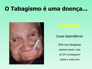 O Tabagismo é uma doença...
Crônica
Causa dependência:
80% dos tabagistas
querem parar, mas
só 3% conseguem
parar a cada ano
 
