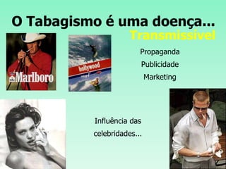 O Tabagismo é uma doença...
Transmissível
Propaganda
Publicidade
Marketing
Influência das
celebridades...
 