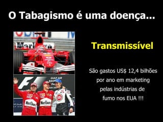 O Tabagismo é uma doença...
São gastos US$ 12,4 bilhões
por ano em marketing
pelas indústrias de
fumo nos EUA !!!
Transmissível
 